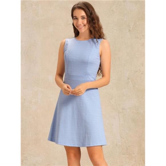 Women's Plaid Dress Sleeveless A Line Sky Blue - Picture 2 of 5
